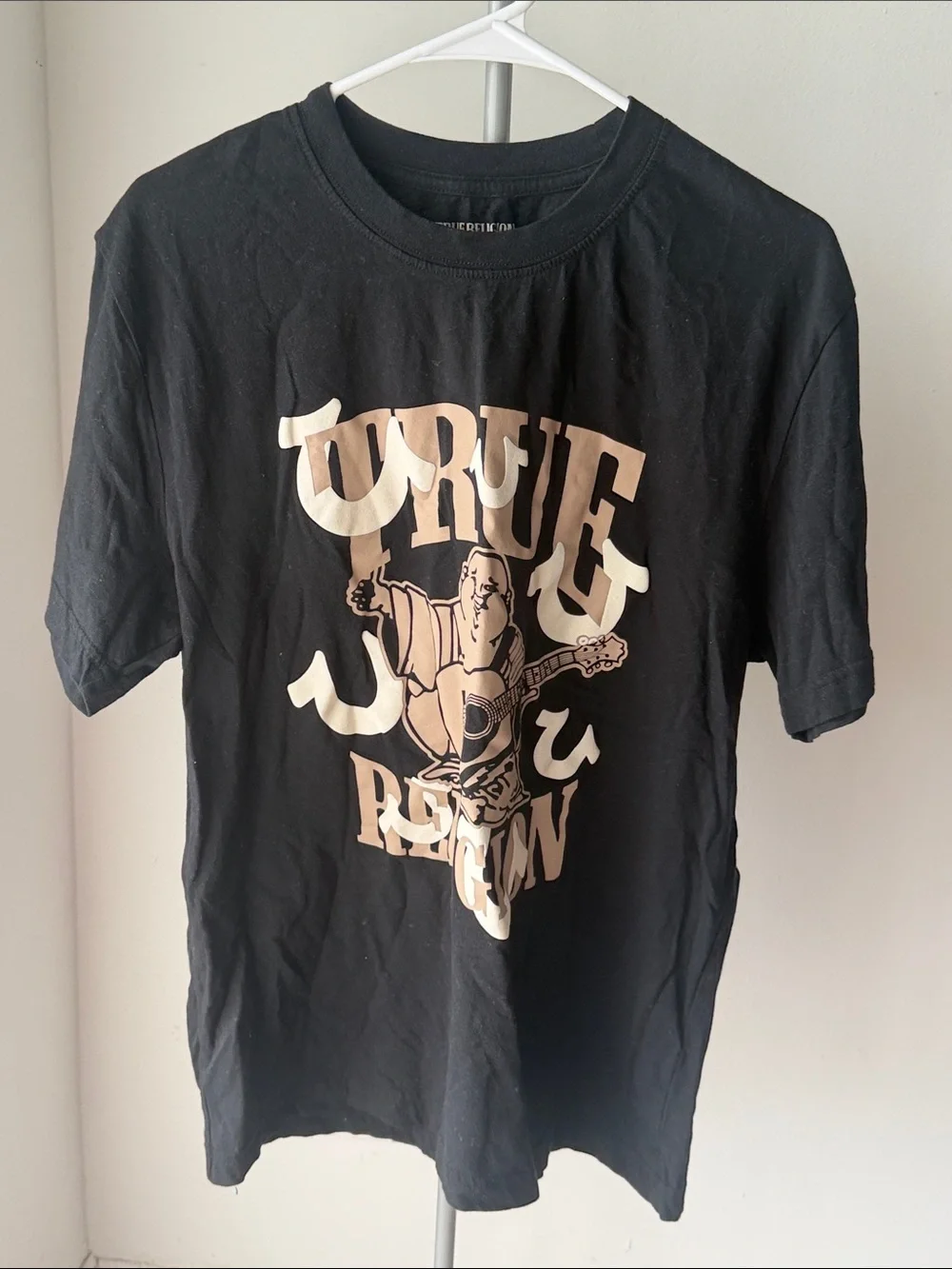 True Religion Black Tee with Cream Graphic Buddha Guitar